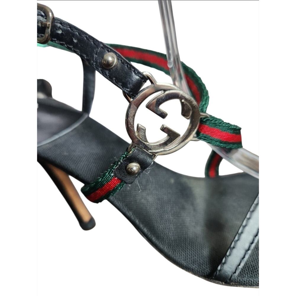 Gucci GG Logo Red Green Web Stripe Ankle Strap Heels Italy Women’s 7B - Picture 6 of 9